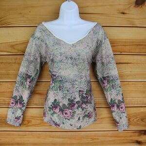 MissLook Top V-Neck Womens Sz M Multicolor Graphic Print Floral Cotton SOFT